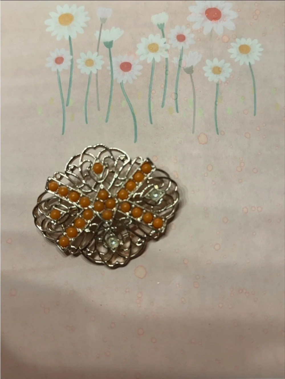 Vintage-Inspired Orange Bead Filigree Brooch - Unbranded